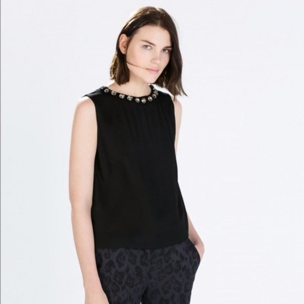 Zara Basic Embellished Sleeveless Top Black Large